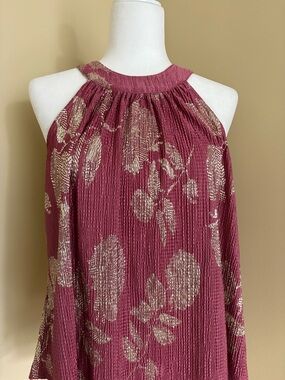 Anthropologie Metallic Floral Halter Top in Burgundy and Gold